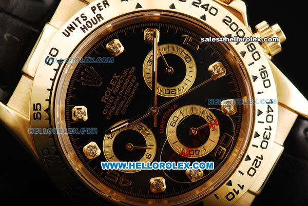 Rolex Daytona Oyster Perpetual Automatic Movement Gold Case with Black Dial Diamond Markers and Black Leather Strap - Click Image to Close